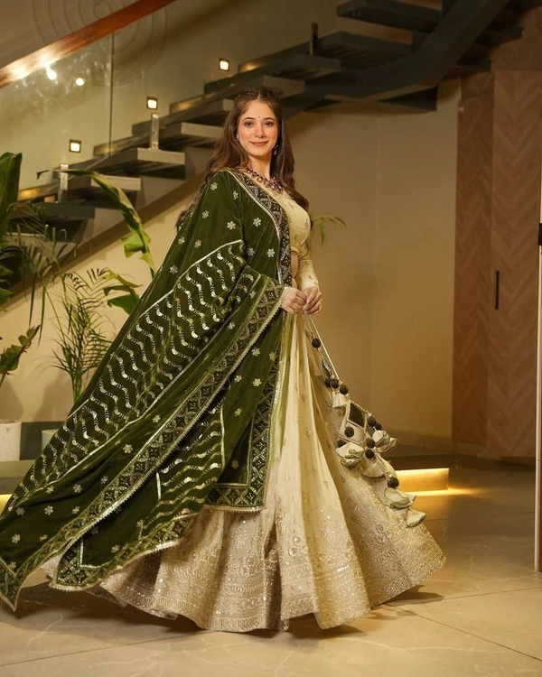 Azorte Fashion Premium Chinon Silk Lehenga – Embroidery, Jari & Sequins Work with Velvet Dupatta