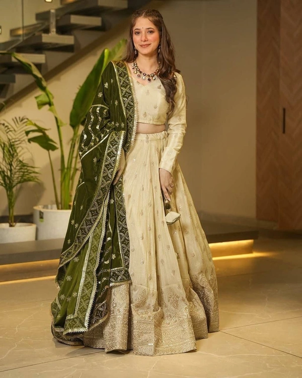 Azorte Fashion Premium Chinon Silk Lehenga – Embroidery, Jari & Sequins Work with Velvet Dupatta