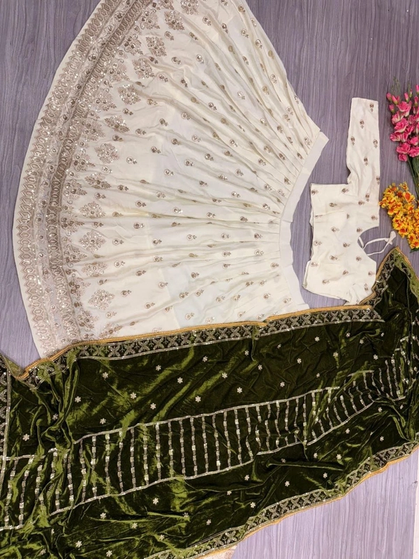 Azorte Fashion Premium Chinon Silk Lehenga – Embroidery, Jari & Sequins Work with Velvet Dupatta
