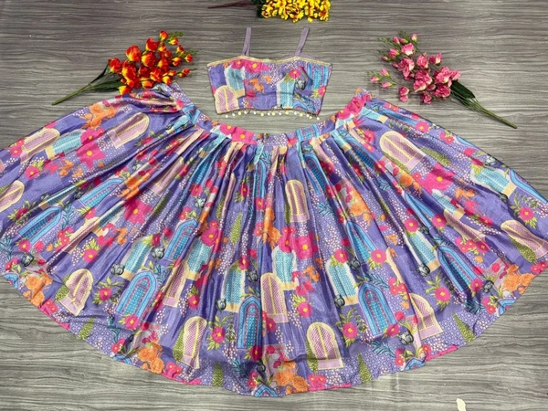 Azorte Fashion Premium Chinon Silk Lehenga – Floral Print, Koti Style Dupatta & Sikka Lace