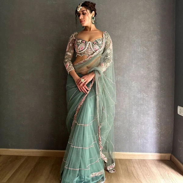 Azorte Fashion Premium Net Saree – Embroidery, Sequins & Hand Diamond Work (With Silk Inner)