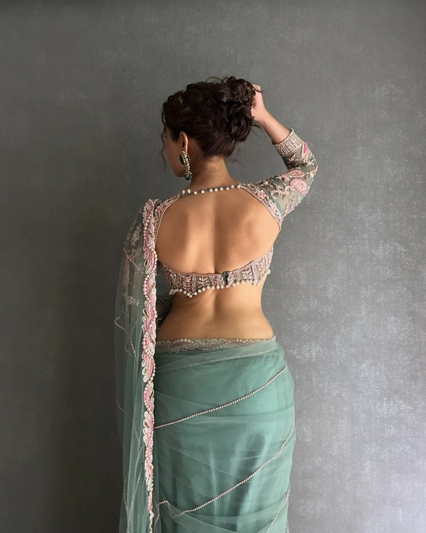 Azorte Fashion Premium Net Saree – Embroidery, Sequins & Hand Diamond Work (With Silk Inner)