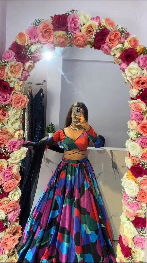 Azorte Fashion Elegant Floral Print Chinon Silk Lehenga – Heavy Flair & Showroom Finish