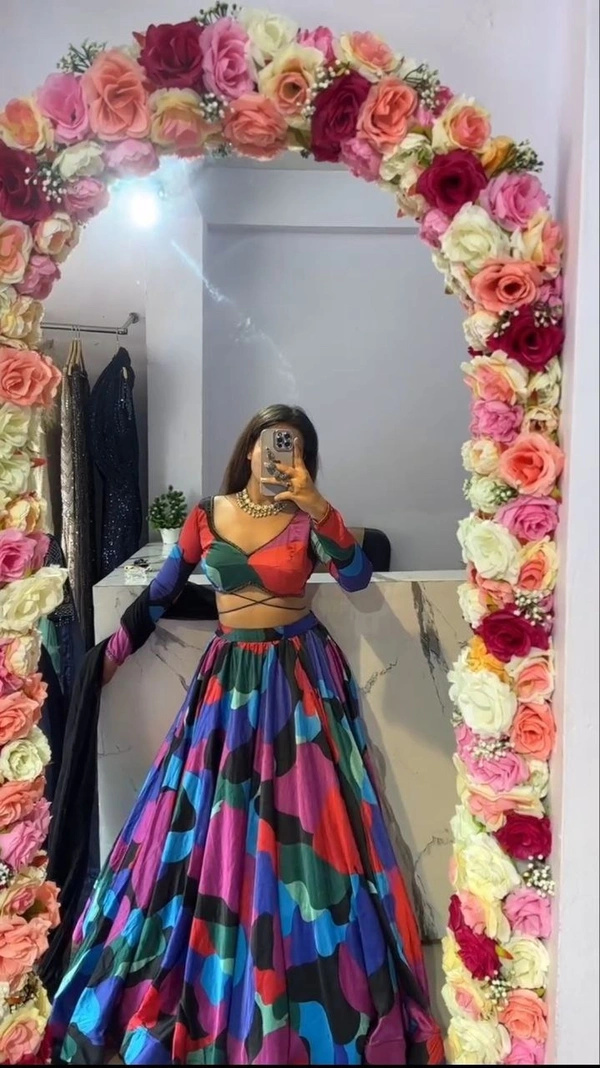 Azorte Fashion Elegant Floral Print Chinon Silk Lehenga – Heavy Flair & Showroom Finish