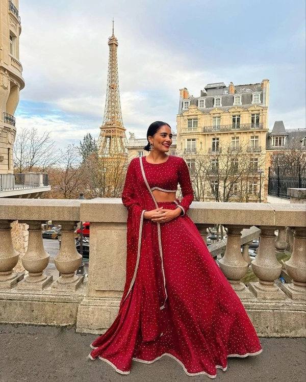 Azorte Fashion Heavy Chinon Silk Mukesh Work Lehenga – 8+ Meter Flair & Premium Finishing
