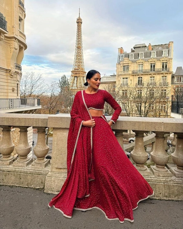 Azorte Fashion Heavy Chinon Silk Mukesh Work Lehenga – 8+ Meter Flair & Premium Finishing