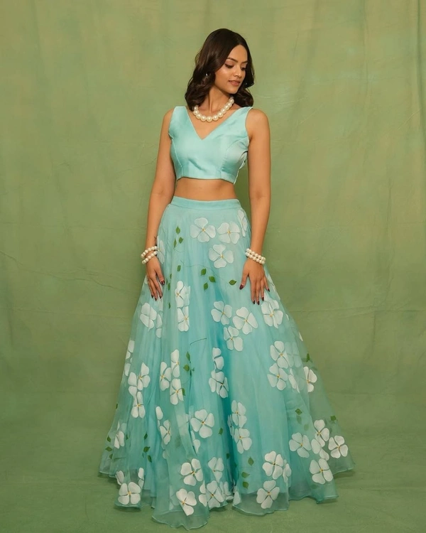 Azorte Fashion Latest Floral Print Taby Silk Lehenga with Organza Dupatta – 4M Flair - Blue
