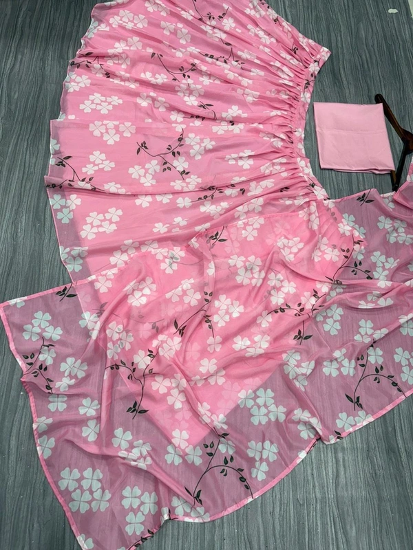 Azorte Fashion Latest Floral Print Taby Silk Lehenga with Organza Dupatta – 4M Flair - Pink