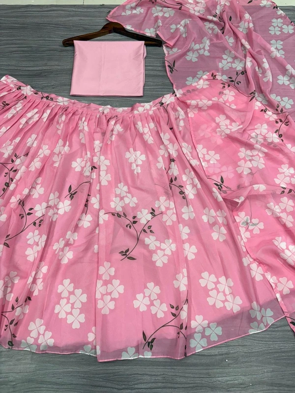 Azorte Fashion Latest Floral Print Taby Silk Lehenga with Organza Dupatta – 4M Flair - Pink