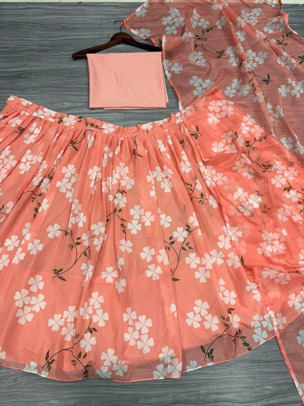 Azorte Fashion Latest Floral Print Taby Silk Lehenga with Organza Dupatta – 4M Flair - Outrageous Orange