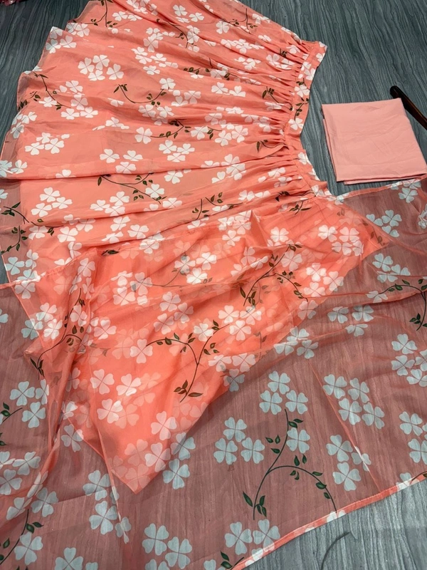 Azorte Fashion Latest Floral Print Taby Silk Lehenga with Organza Dupatta – 4M Flair - Outrageous Orange