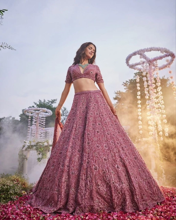Azorte Fashion Trending Chinon Silk Embroidered Lehenga with Glitter Dori & Jari Work