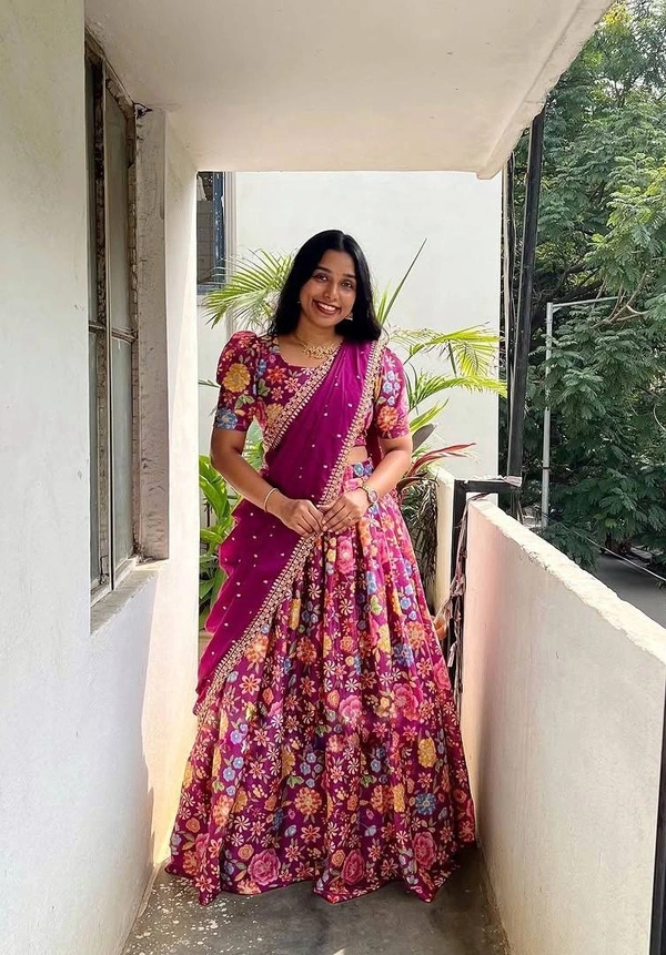 Azorte Fashion New Launch: Soft Chinnon Silk Floral Lehenga with Embroidery Dupatta - Design 3