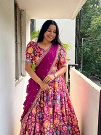 Azorte Fashion New Launch: Soft Chinnon Silk Floral Lehenga with Embroidery Dupatta - Design 3