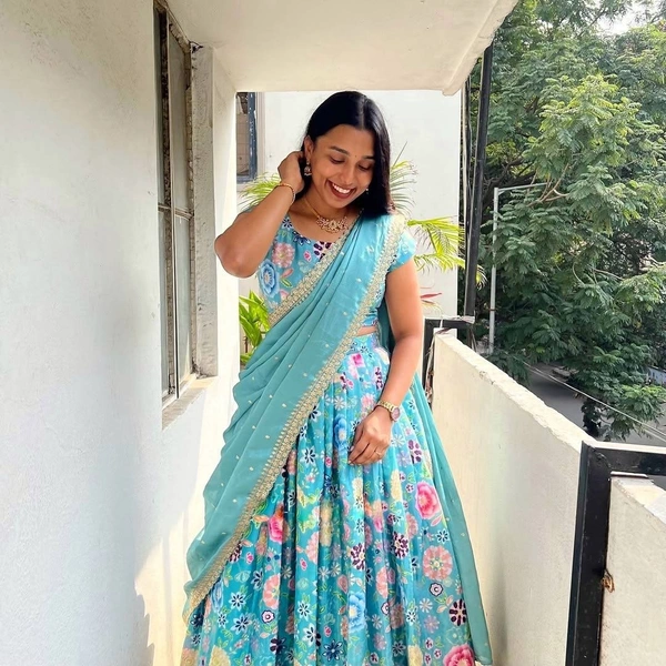 Azorte Fashion New Launch: Soft Chinnon Silk Floral Lehenga with Embroidery Dupatta - Design 2