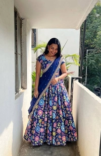 Azorte Fashion Trending Floral Chinnon Silk Lehenga with Embroidered Dupatta – Fully Stitched - Navy Blue