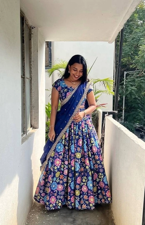 Azorte Fashion Trending Floral Chinnon Silk Lehenga with Embroidered Dupatta – Fully Stitched - Navy Blue