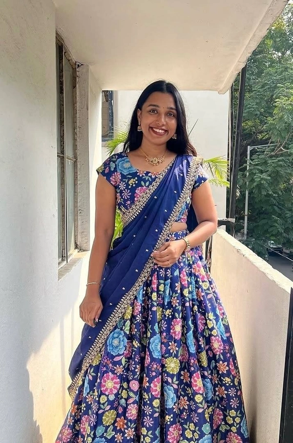 Azorte Fashion Trending Floral Chinnon Silk Lehenga with Embroidered Dupatta – Fully Stitched - Navy Blue
