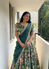 Azorte Fashion Trending Floral Chinnon Silk Lehenga with Embroidered Dupatta – Fully Stitched - Everglade