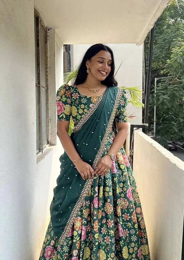Azorte Fashion Trending Floral Chinnon Silk Lehenga with Embroidered Dupatta – Fully Stitched - Everglade