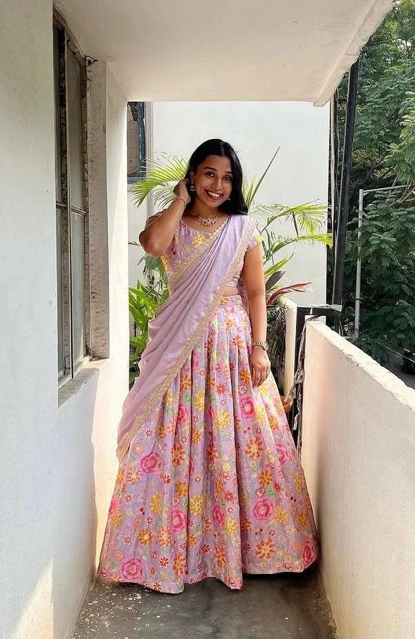 Azorte Fashion Trending Floral Chinnon Silk Lehenga with Embroidered Dupatta – Fully Stitched - Careys Pink