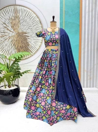 Azorte Fashion Trending Floral Chinnon Silk Lehenga with Embroidered Dupatta – Fully Stitched - Navy Blue
