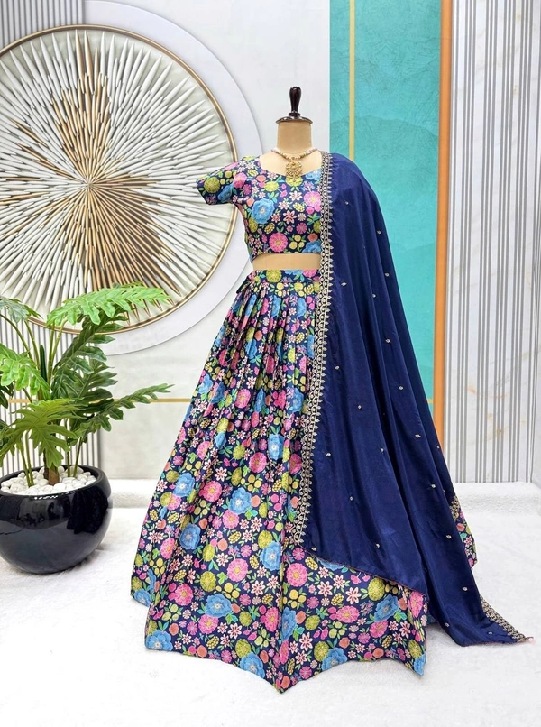 Azorte Fashion Trending Floral Chinnon Silk Lehenga with Embroidered Dupatta – Fully Stitched - Navy Blue