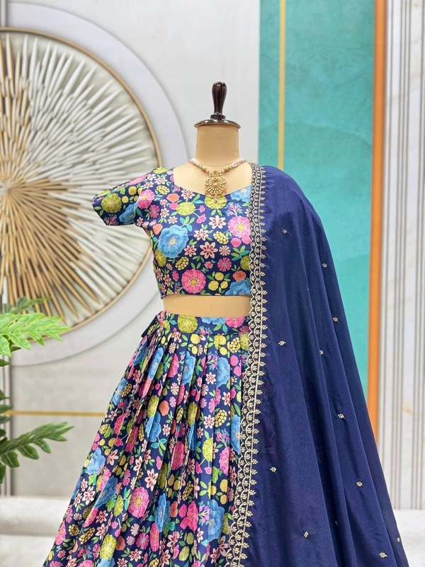 Azorte Fashion Trending Floral Chinnon Silk Lehenga with Embroidered Dupatta – Fully Stitched - Navy Blue