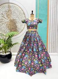 Azorte Fashion Trending Floral Chinnon Silk Lehenga with Embroidered Dupatta – Fully Stitched - Navy Blue