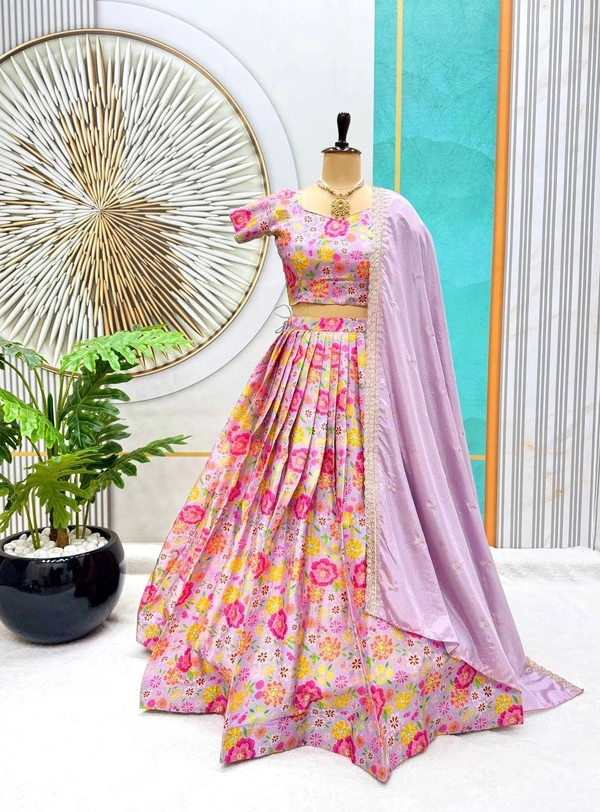Azorte Fashion Trending Floral Chinnon Silk Lehenga with Embroidered Dupatta – Fully Stitched - Careys Pink