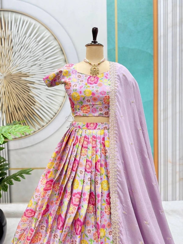 Azorte Fashion Trending Floral Chinnon Silk Lehenga with Embroidered Dupatta – Fully Stitched - Careys Pink