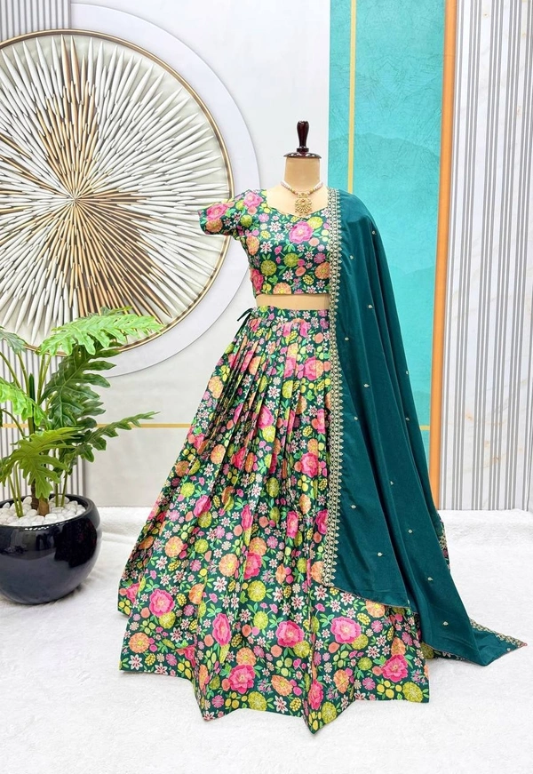 Azorte Fashion Trending Floral Chinnon Silk Lehenga with Embroidered Dupatta – Fully Stitched - Everglade