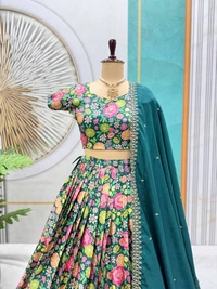 Azorte Fashion Trending Floral Chinnon Silk Lehenga with Embroidered Dupatta – Fully Stitched - Everglade