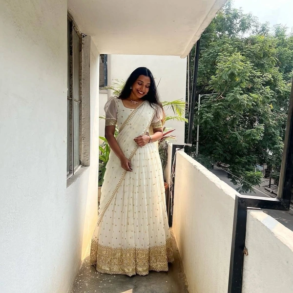 Azorte Fashion Trending Stitched Faux Georgette Lehenga Choli with Sequins Embroidery - White