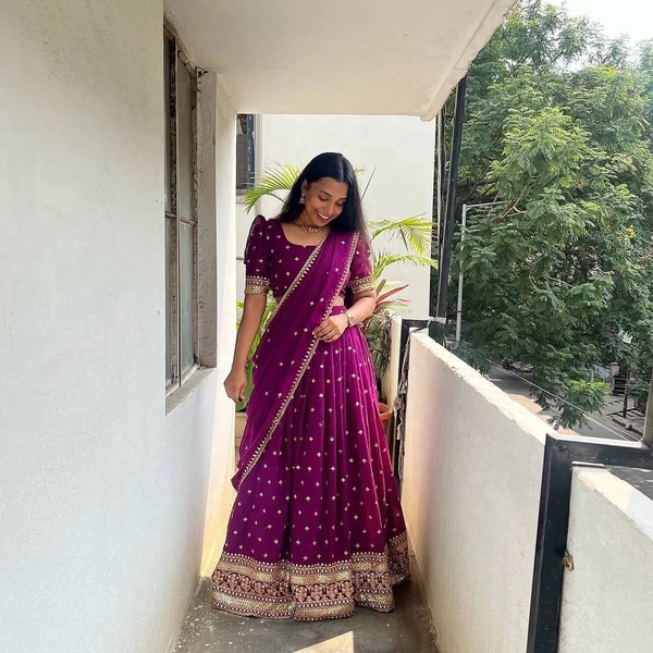 Azorte Fashion Trending Stitched Faux Georgette Lehenga Choli with Sequins Embroidery - Purple