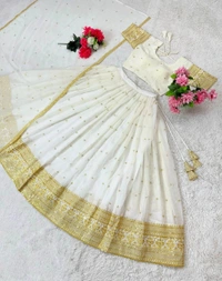 Azorte Fashion Trending Stitched Faux Georgette Lehenga Choli with Sequins Embroidery - White
