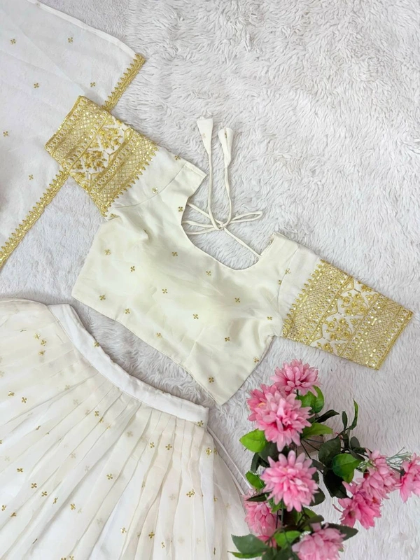 Azorte Fashion Trending Stitched Faux Georgette Lehenga Choli with Sequins Embroidery - White