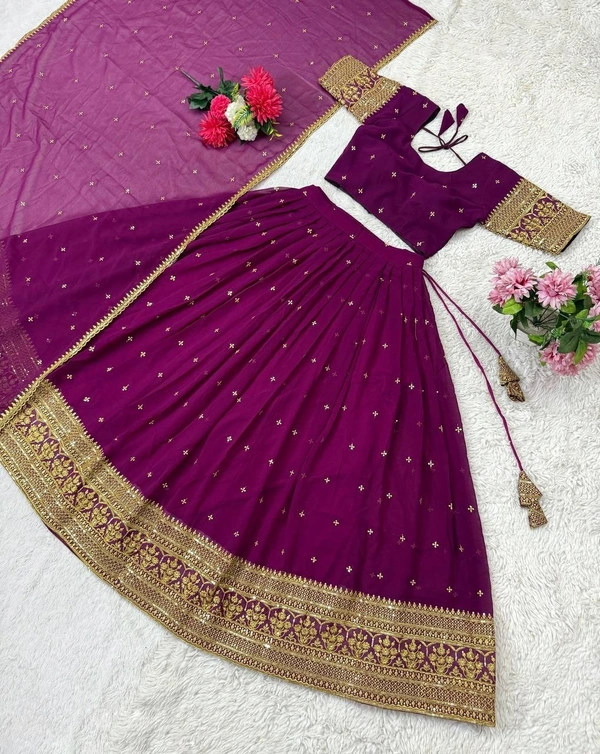 Azorte Fashion Trending Stitched Faux Georgette Lehenga Choli with Sequins Embroidery - Purple