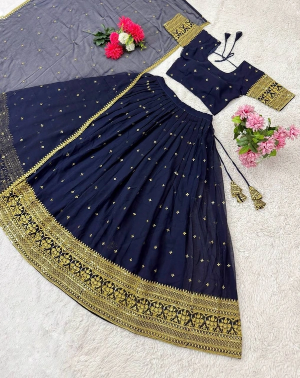 Azorte Fashion Trending Stitched Faux Georgette Lehenga Choli with Sequins Embroidery - Black