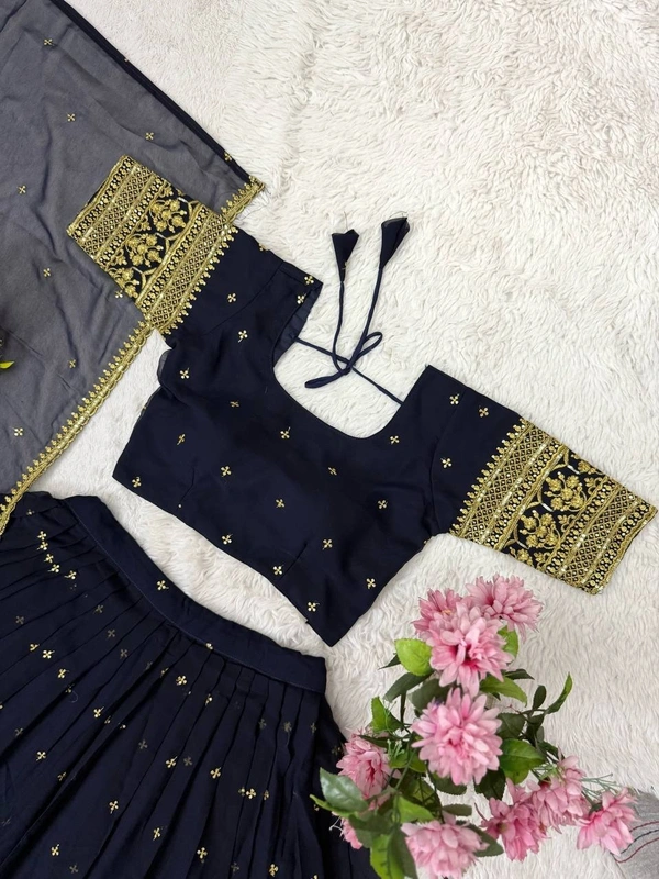 Azorte Fashion Trending Stitched Faux Georgette Lehenga Choli with Sequins Embroidery - Black