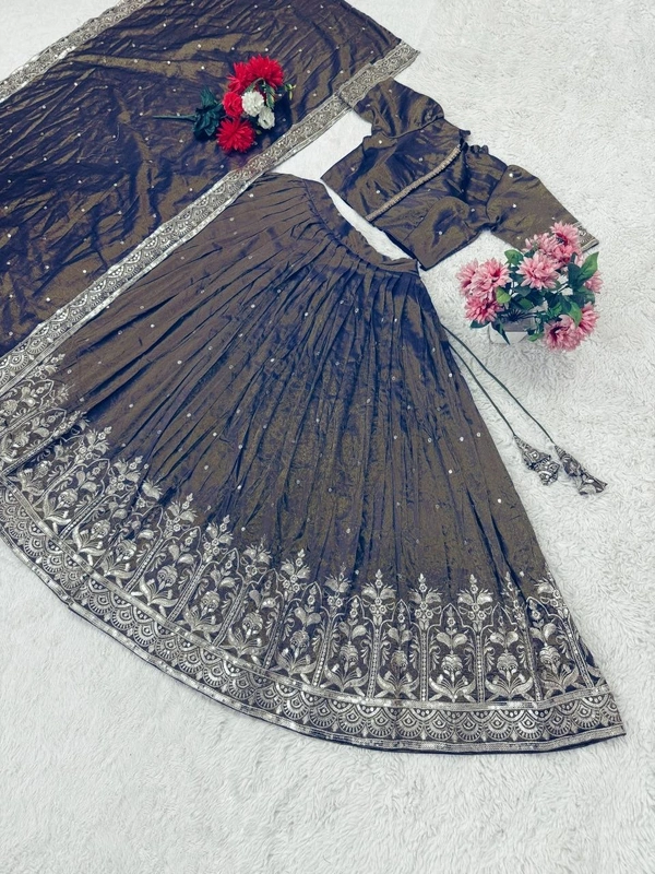 Azorte Fashion Pongal Special Soft Tissue Silk Lehenga with Sequins Embroidery – Festive Elegance - Storm Gray