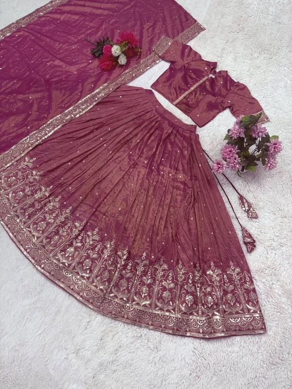 Azorte Fashion Pongal Special Soft Tissue Silk Lehenga with Sequins Embroidery – Festive Elegance - Turkish Rose