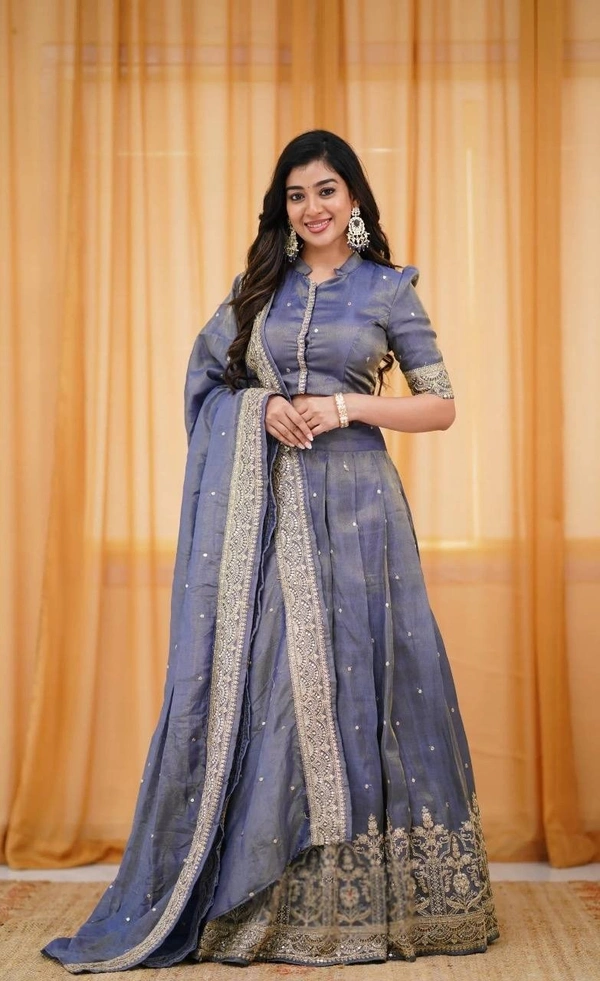 Azorte Fashion Pongal Special Soft Tissue Silk Lehenga with Sequins Embroidery – Festive Elegance - Storm Gray