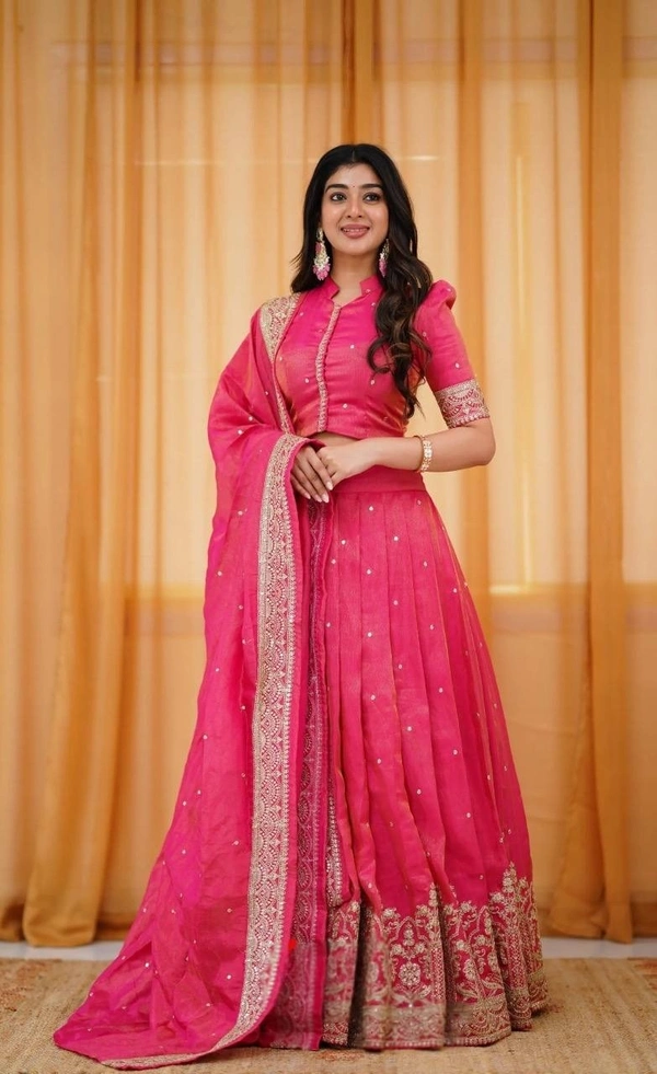 Azorte Fashion Pongal Special Soft Tissue Silk Lehenga with Sequins Embroidery – Festive Elegance - Amaranth