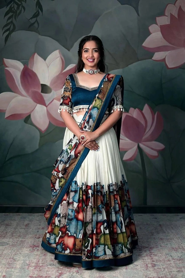 Azorte Fashion Designer Kalamkari Printed Lehenga Choli with Maggam Neck Hand Work – Trendy & Elegant - L