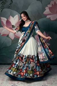 Azorte Fashion Designer Kalamkari Printed Lehenga Choli with Maggam Neck Hand Work – Trendy & Elegant - L