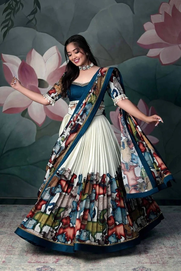 Azorte Fashion Designer Kalamkari Printed Lehenga Choli with Maggam Neck Hand Work – Trendy & Elegant - L