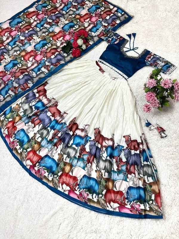 Azorte Fashion Designer Kalamkari Printed Lehenga Choli with Maggam Neck Hand Work – Trendy & Elegant - L