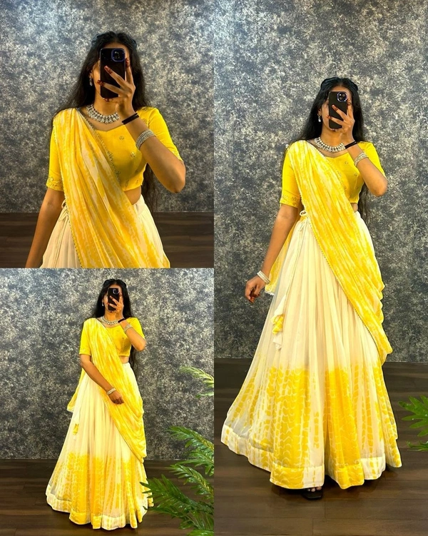 Azorte Fashion Trending Shibori Print Lehenga Choli with Sequins Embroidered Blouse – Elegant & Stylish - Yellow Sea