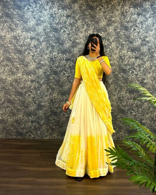 Azorte Fashion Trending Shibori Print Lehenga Choli with Sequins Embroidered Blouse – Elegant & Stylish - Yellow Sea